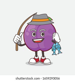 A picture of Plum Fruit cartoon mascot character fishing with 2 fishes
