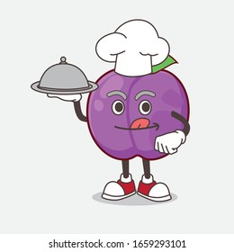 A picture of Plum Fruit cartoon mascot character as a Chef with food on tray ready to serve