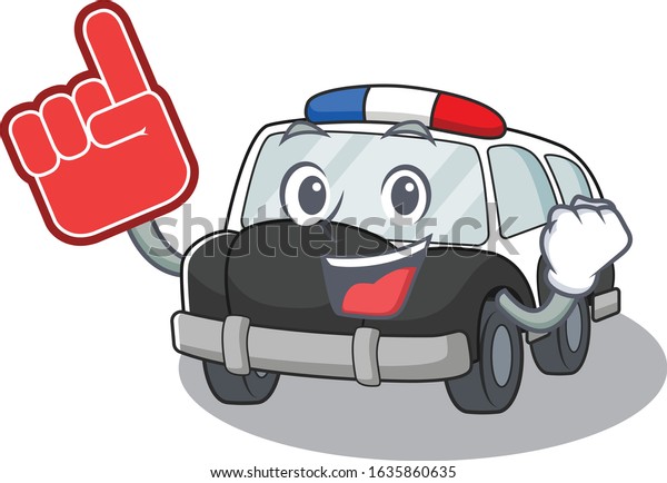 A picture of police car mascot cartoon design\
holding a Foam finger