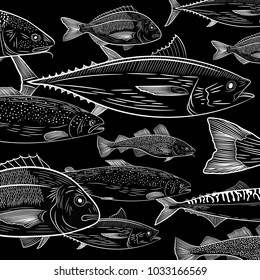 Picture of a popular sea fish. Tuna, dorado, salmon, cod, mackerel. Sketch of drawing, vector illustration