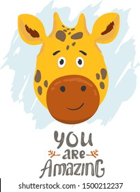 Picture or portrait of a giraffe. Vector illustration. The head of a little giraffe. Hand drawing print of head of cartoon giraffe. perfect day.you are amazing.