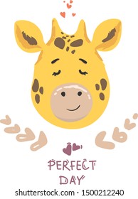 Picture or portrait of a giraffe. Vector illustration. The head of a little giraffe. Hand drawing print of head of cartoon giraffe. perfect day.