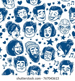 picture portraits of different people at a party pattern blue