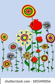 Picture for a postcard with abstract bright colors and pomegranates on a blue background.