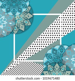 Picture poster banner futuristic illustration. Background of geometric shapes and textures. The strips on the diagonal dots.