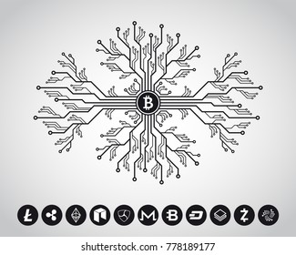 Picture of a printed circuit board pattern with bitcoin sign in the center of composition, and other cryptocurrency icons