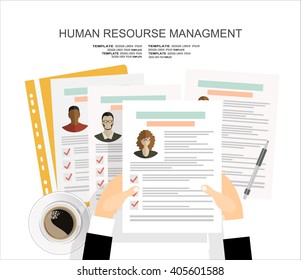 Picture of printed CVs, flat style banner design of human resource management concept