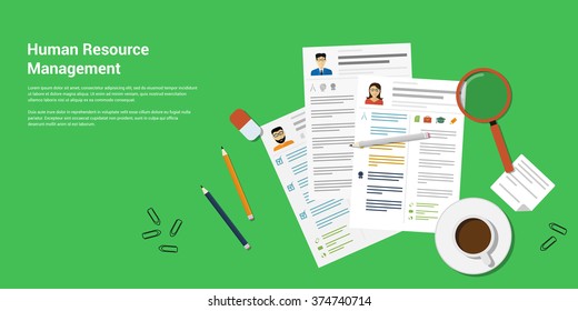 picture of printed CVs and office accessories: pencils, eraser, magnifying glass, cup of coffee etc, flat style banner design of human resource management concept