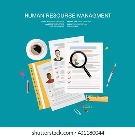 Picture of printed CVs and office accessories: pencils, eraser, magnifying glass, cup of coffee etc, flat style banner design of human resource management concept