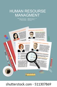 Picture of printed CVs and office accessories: pencils, eraser, magnifying glass, cup of coffee etc, flat style banner design of human resource management concept