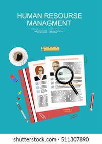 Picture of printed CVs and office accessories: pencils, eraser, magnifying glass, cup of coffee etc, flat style banner design of human resource management concept