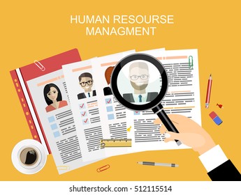 Picture of printed CVs and office accessories: pencils, eraser, magnifying glass, cup of coffee etc, flat style banner design of human resource management concept