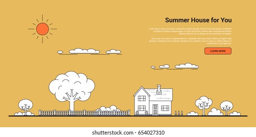 Picture of a private family house with trees, fence and clouds. Real estate, family house, summer house concept. Thin line flat illustration