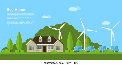 picture of a private house, solar panels and wind turbines, flat style concept of eco home, renewable energy, ecology