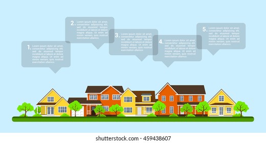 picture of private houses with speech bubbles, real estate infographic template