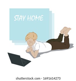 A picture promoting people during an epidemic, boy with notebook , stay home