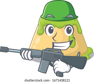 A picture of pudding green tea as an Army with machine gun