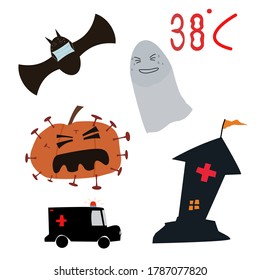 Picture of a pumpkin, a fishy chin and a ghost infected with a corona virus on Halloween.