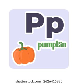 A picture of a pumpkin with the letter P. English alphabet. Vector illustration in a flat style