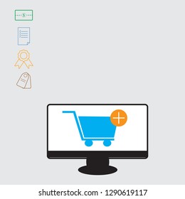 A picture of purchases on the Internet, a monitor in it shopping cart online, buy things, goods, order services.