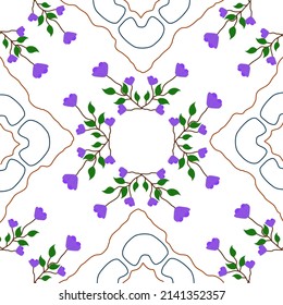 Picture of purple flowers and leaves facing four directions.