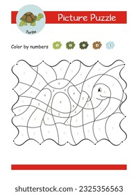 Picture puzzle and color by numbers worksheet. Coloring page for preschool kids. Learn numbers and colors. Color cute turtle, Coloring puzzle book, Vector illustration, Educational game.