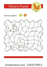 Picture puzzle and color by numbers worksheet. Coloring page for preschool kids. Learn numbers and colors. Color cute fox, Coloring puzzle book. Educational game. Vector