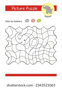 Picture puzzle and color by numbers worksheet. Coloring page for preschool kids. Learn numbers and colors. Color cute elephant, Coloring puzzle book. Educational game. Vector