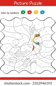Picture puzzle and color by numbers worksheet. Coloring page for preschool kids. Learn numbers and colors. Color cute turtle, Coloring puzzle book. Educational game. Parrot Vector illustration