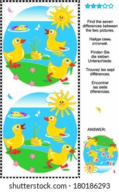 Picture puzzle: Find the seven differences between the two pictures (plus same task text in Russian, German, French and Spanish). Answer included.