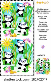 Picture puzzle: Find the seven differences between the two pictures of cute panda bears feeding in bamboo forest (plus same task text in Russian, German, French and Spanish). Answer included. 