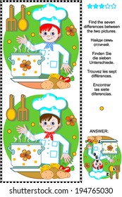 Picture puzzle: Find the seven differences between the two pictures of happy young chef (plus same task text in Russian, German, French and Spanish). Answer included. 