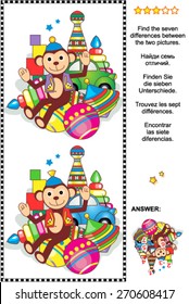 Picture puzzle: Find the seven differences between the two pictures of toys - circus monkey, car, balls, bowling pins, spinning top, stacked rings, building blocks. Answer included.
