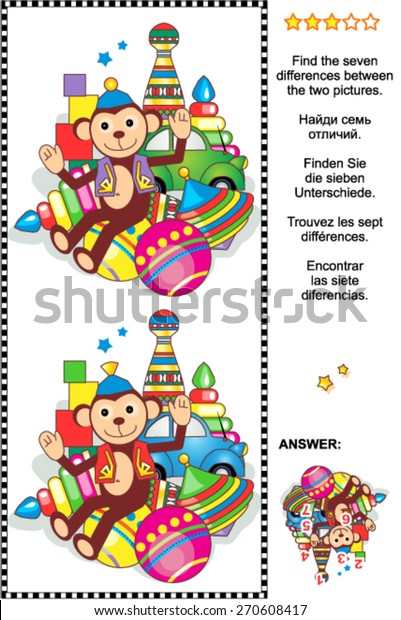 Picture\
puzzle: Find the seven differences between the two pictures of toys\
- circus monkey, car, balls, bowling pins, spinning top, stacked\
rings, building blocks. Answer\
included.\
