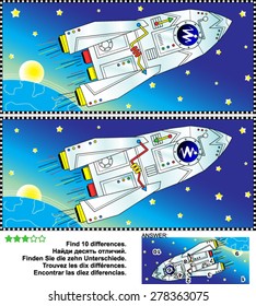 Picture puzzle: Find the ten differences between the two pictures of outer space, spaceship or rocket, Earth, Sun or Moon, and stars. Answer included.
