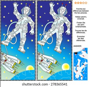 Picture puzzle: Find the ten differences between the two pictures of outer space, cosmonaut or astronaut, spaceship, Earth, Sun or Moon, and stars. Answer included.
