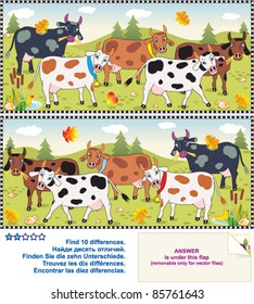 Picture puzzle: Find the ten differences between the two mirrored images of spotted milk cows ( for high res JPEG or TIFF see image 85761640 )
