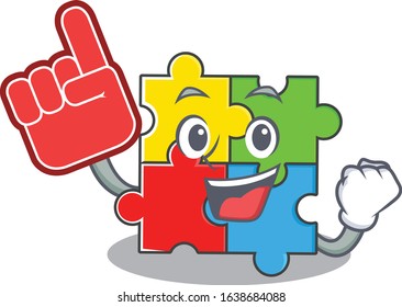 A picture of puzzle toy mascot cartoon design holding a Foam finger