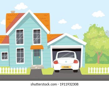 Picture of quiet outdoor neighborhood area in suburbs. Residential house with car parked on driveway in front of opened garage and low wooden fence. Suburbs on weekend. Suburbs life image.