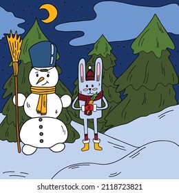 A picture of a rabbit sculpting a snowman in the forest. Vector illustration