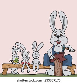 picture with a picture of a rabbit who sews shoes and his children
