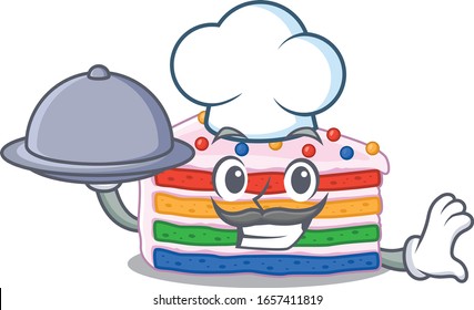 A picture of rainbow cake as a Chef serving food on tray