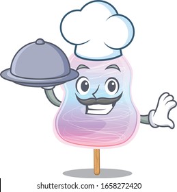 A picture of rainbow cotton candy as a Chef serving food on tray