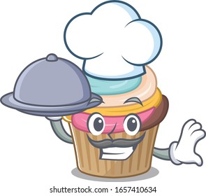 A picture of rainbow cupcake as a Chef serving food on tray