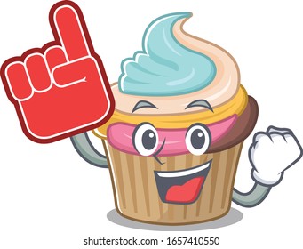 A picture of rainbow cupcake mascot cartoon design holding a Foam finger