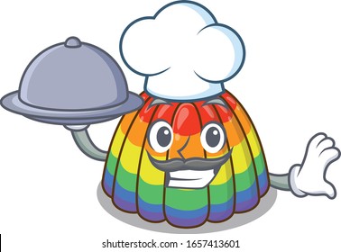 A picture of rainbow jelly as a Chef serving food on tray