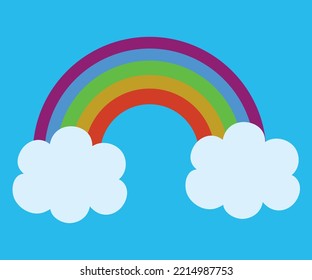 picture of rainbow and two clouds on blue background