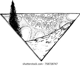 Picture of rays of a sun by a decorative pattern, slope of mountain and fir-tree. All of it in a triangle.
