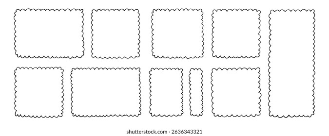 picture rectangle cute line wavy frame, frame doodle line hand drawn, outline border frame, scribble frame cute set. Vector illustration