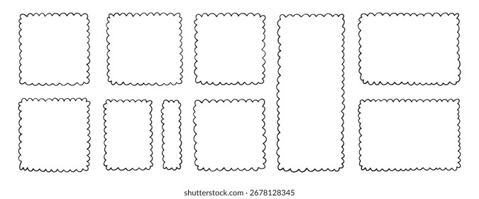 picture rectangle cute line wavy frame, frame doodle line hand drawn, outline border frame, scribble frame cute set. Vector illustration